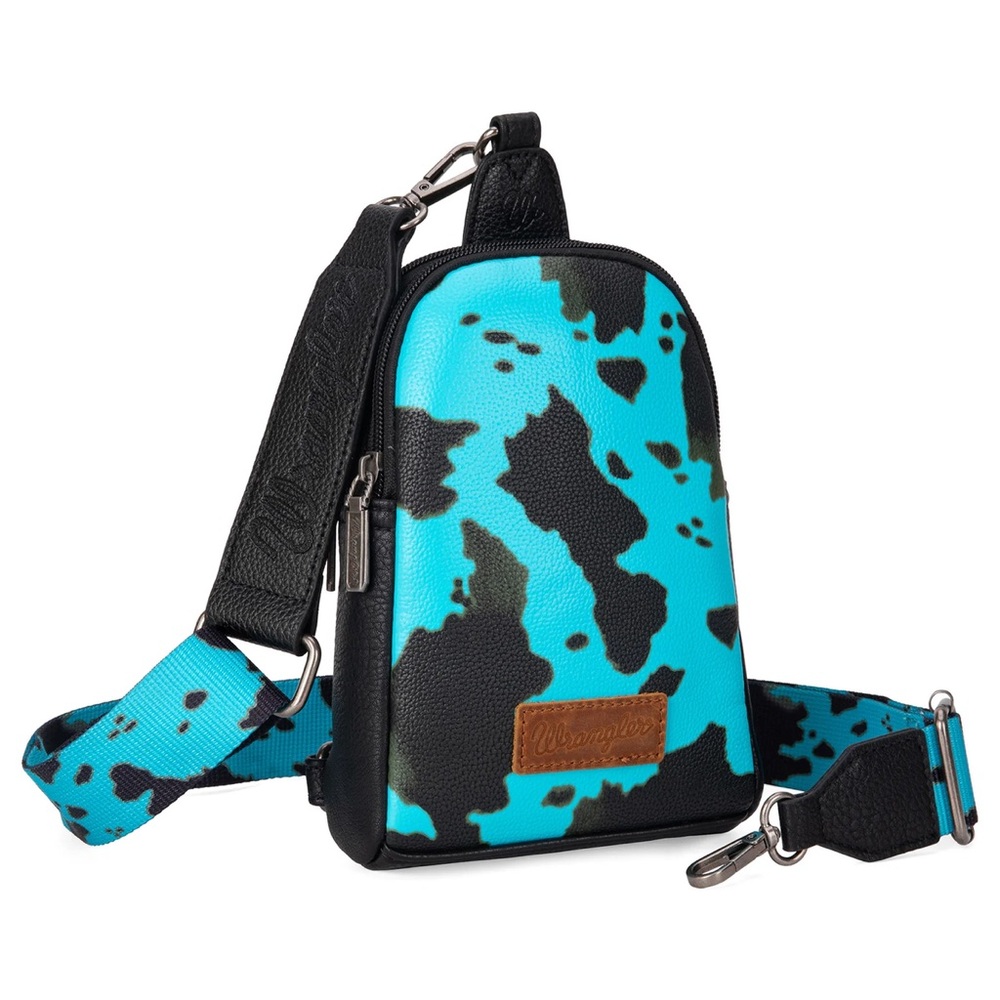 NWT Wrangler Cow Print Black and Turquoise Sling Belt Bag